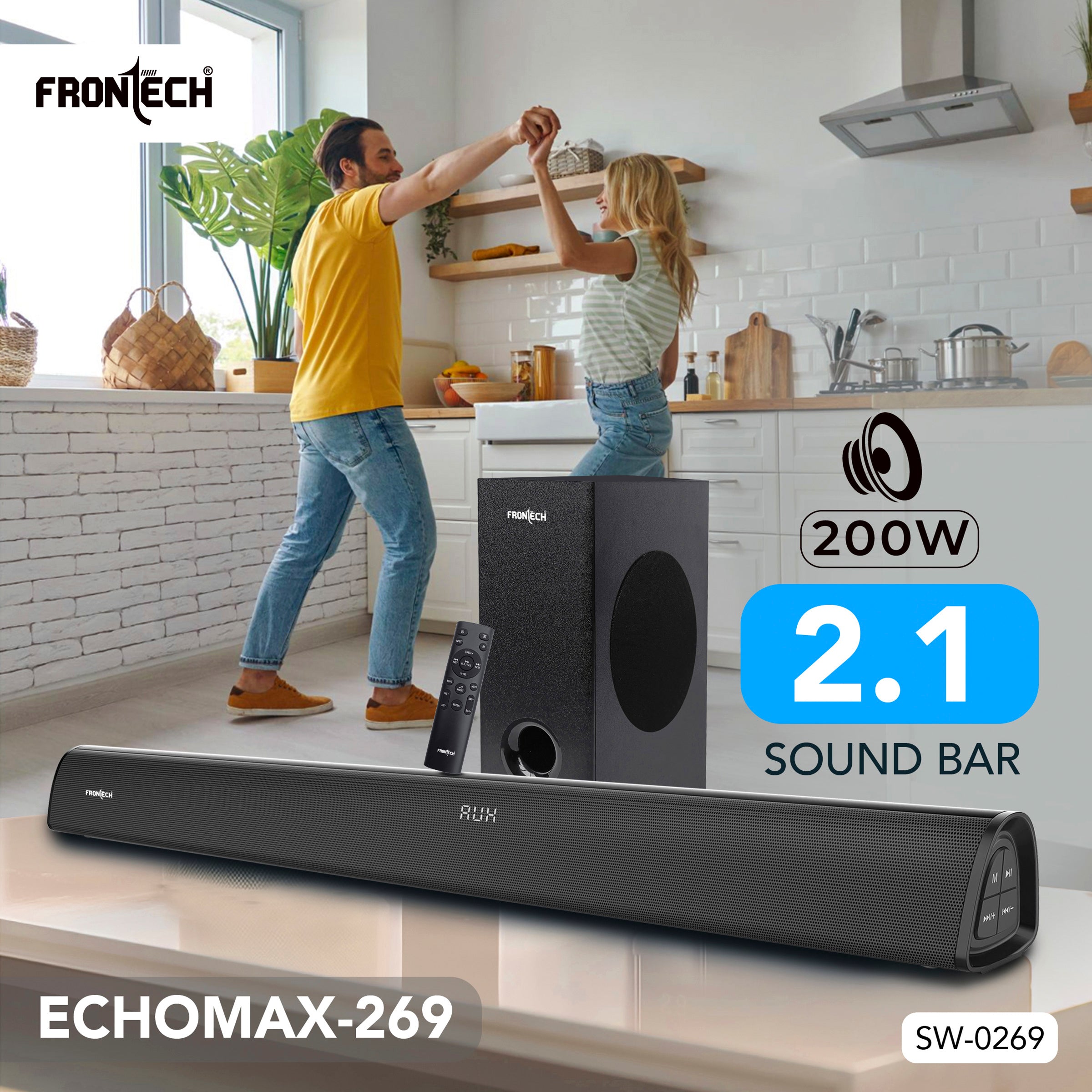 Frontech EchoMax-269 2.1 Channel Soundbar | Bluetooth 5.3 | Wireless Connectivity | 200W | Powerful Bass (SW-0269) Frontech EchoMax-269 2.1 Channel Soundbar | Bluetooth 5.3 | Wireless Connectivity | 200W | Powerful Bass (SW-0269)